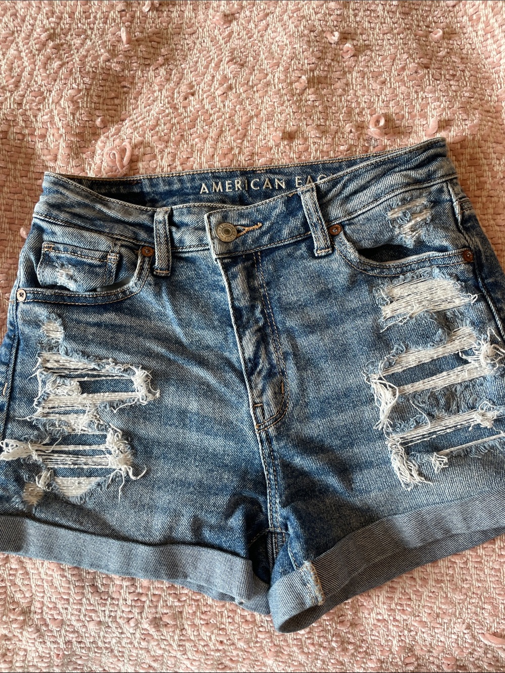 American Eagle Outfitters Ripped Cuffed Denim Shorts - Medium Blue